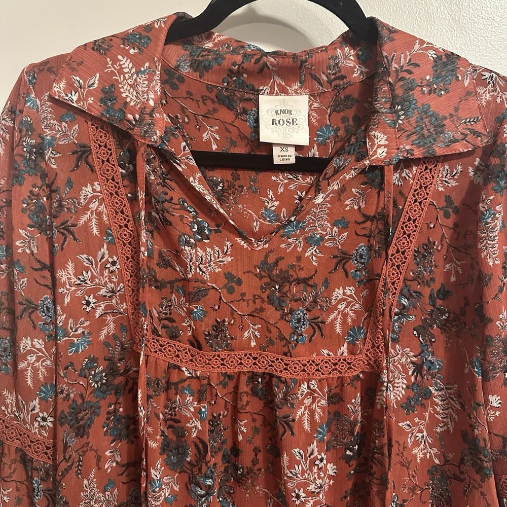 Knox Rose Women Floral Tasseled Sheer Bohemian Cottagecore Tunic Top XS Autumn - Picture 2 of 5